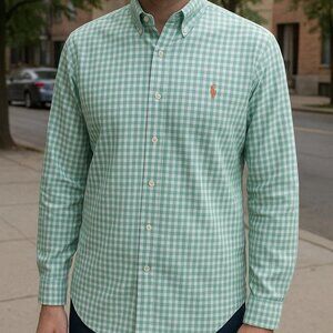 Ralph Lauren Classic Fit Green and White Checkered Men's Button Down Shirt Sz L